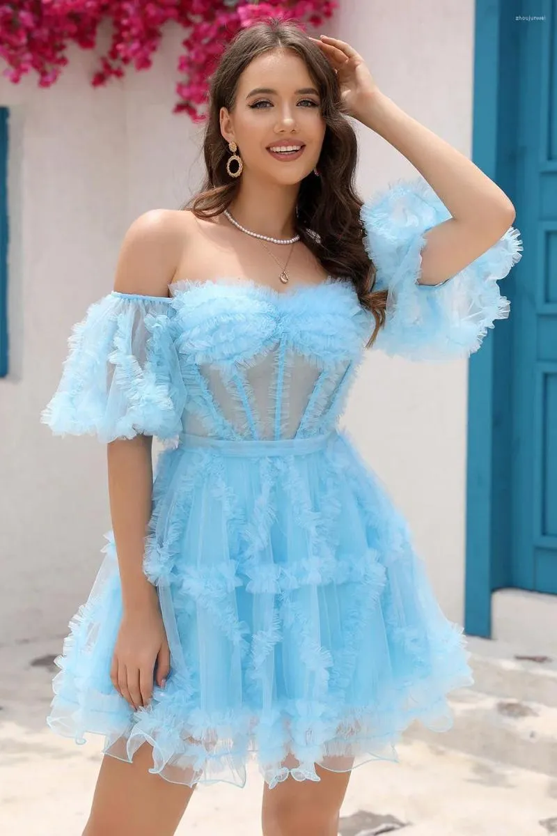 Abiti da festa Manica a sbuffo da donna sexy Ritorno a casa per adolescenti Blu Mini volant Abito da ballo in tulle a strati Ragazze Vestidos De Gala