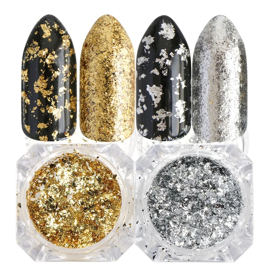 Glitter per Unghie 1 Scatola Oro Argento Fiocchi Glitter per Unghie Alluminio Paillettes Irregolari Specchio Polvere Paillette Fogli Adesivo Decorazioni per Nail Art TRCB 230705