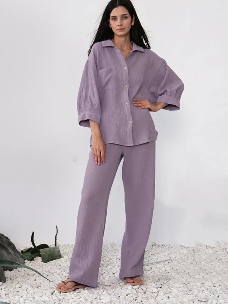 Femmes deux pièces pantalon 2023 été coton pyjamas femmes ample simple boutonnage chemise jambe droite ensemble décontracté dames Homewear