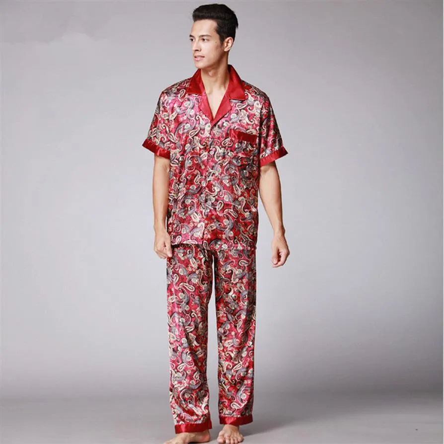 Mens Paisley Silk Pajamas Set Summer Short Sleeve Satin Sleepwear Male Plus Size Loose Dressing Gown Nightgown221h