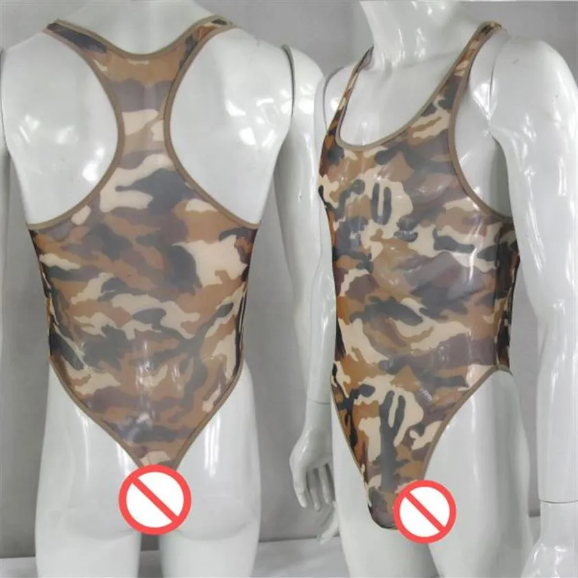 رجال ثونغ الخلفي bodysuit مسدود عالي قطع الظهر G1280 CAMO طباعة شبكة c-thru انظر من خلال 2201