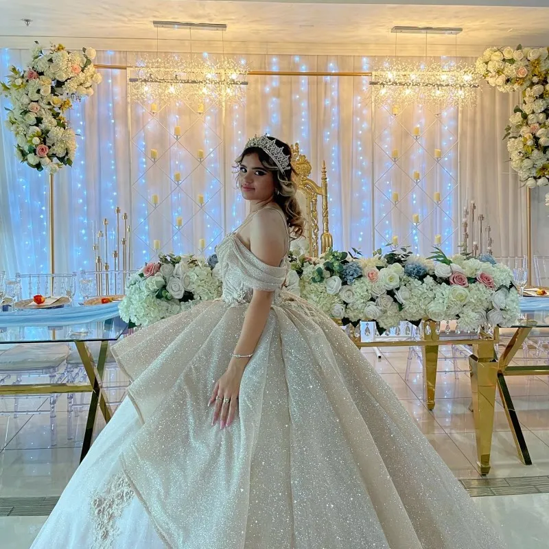 Fildişi parlak balo elbisesi quinceanera elbiseler balo mezuniyet elbiseleri dantel 3dflower prenses tatlı 16 elbise vestidos de 15 anos