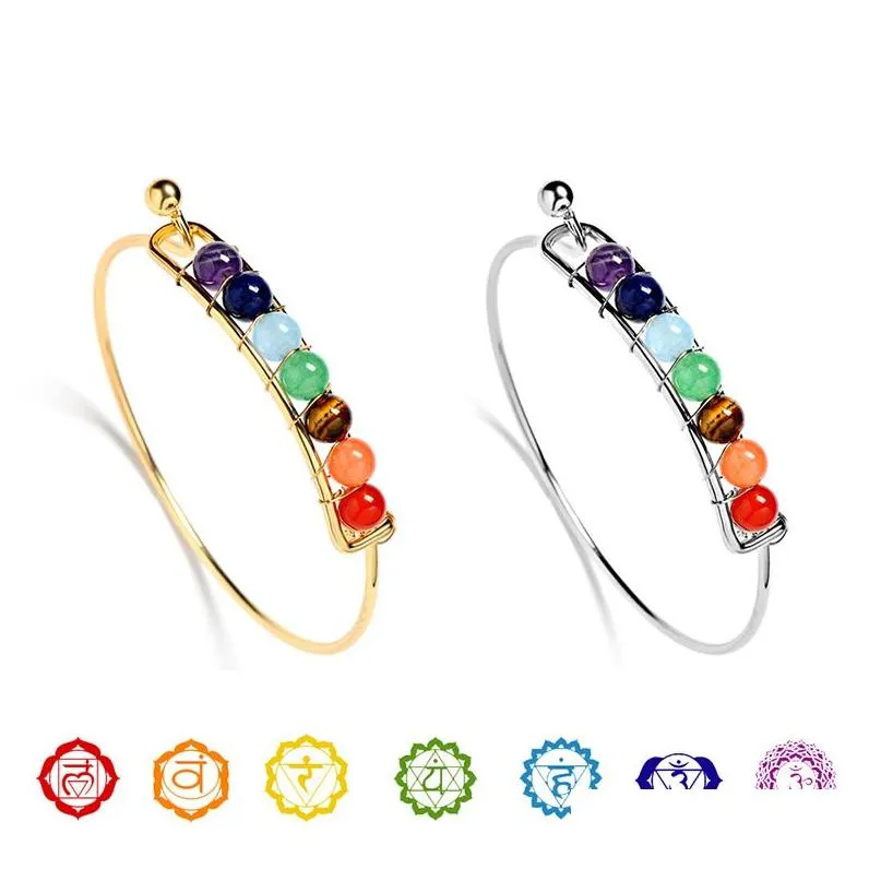 Pulseras con dijes Moda 7 Chakra Brazalete de alambre para mujeres Yoga Cuentas de piedra natural Reiki Buda espiritual Joyería personalizada en gota D Dhqic