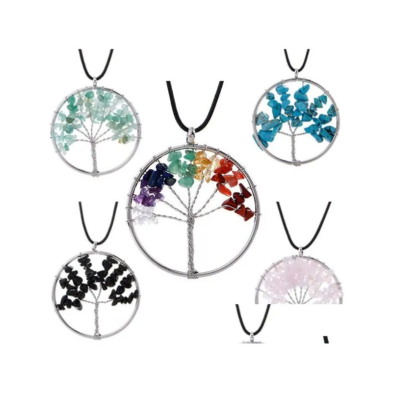 Hänge Halsband 7 Chakra Tree of Life Healing Naturlig Kristall Grus Sten Charm Läder Vax Rep Kedja För Kvinnor Mode Smycken Dho4U