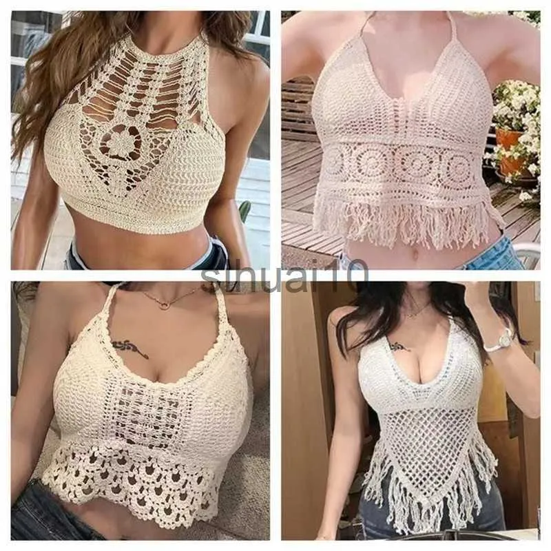 DIY Tanks Camis Summer Knit Crop Tops Boho Hollow Tassel Beading Sexy Spaghetti Tank Top Feminino Sutiã Embutido 2023 Nova Costas Renda Halter Neck J230706