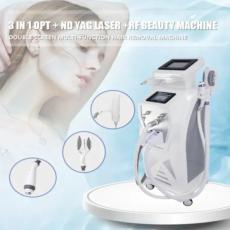 Multifunctionele Dubbele Schermen 3 Handgrepen OPT Laser Snelle Effectieve Permanente Ontharing Pijnloos Elight Dark Spot Removal RF Facial Lifting Machine