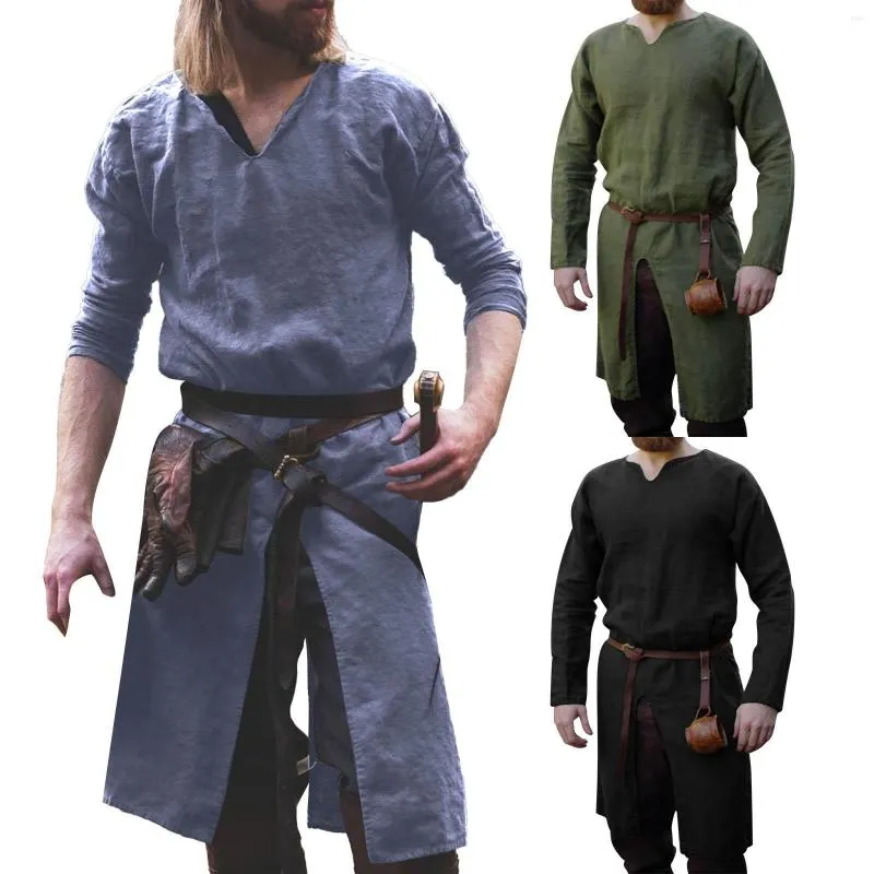 Camisetas para hombre, camisa de manga larga de lino y algodón de longitud media de Color sólido Retro gótica medieval