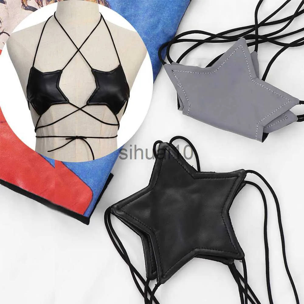 DIY Tanks Camis Sexy Feminino Couro Sutiã Strappy Strappy Bustier Crop Top Bralette Pendurado Neck Bandage Sutiã Refletivo Silver Boate Colete J230706