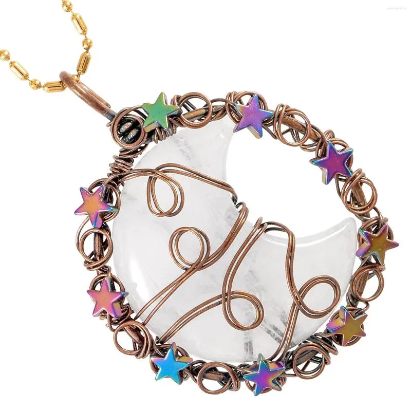 Anhänger-Halsketten mit Draht umwickelt, Stern-Mond-Kristallstein, handgefertigter Schmuck für Frauen