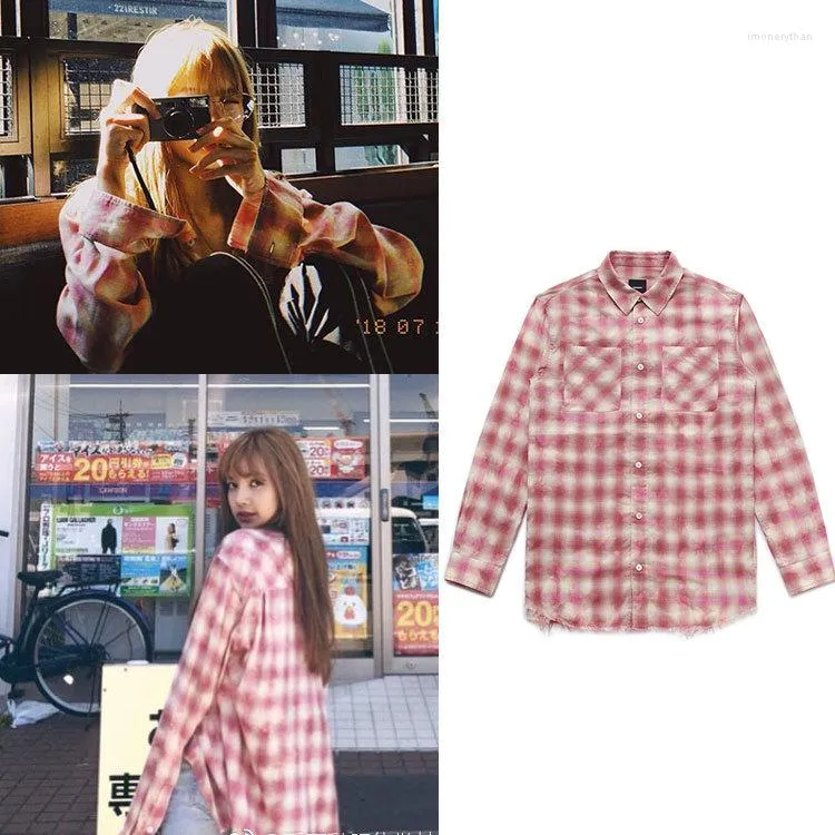 Женские блузки Kpop Корейская уличная одежда для знаменитостей розовая клетчатая рубашка свободна