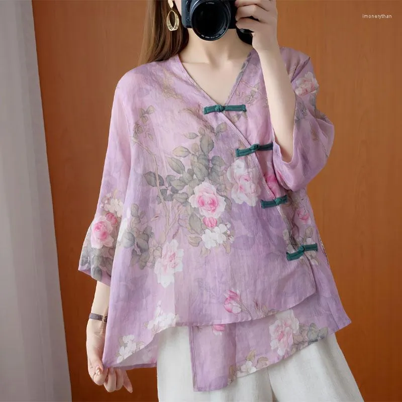 Dames Blouses Folk Vintage Bloemen Gedrukt Shirt Mode Chinese Disc Gesp Asymmetrische Vrouwelijke Lente Zomer Casual Losse Halve Mouw