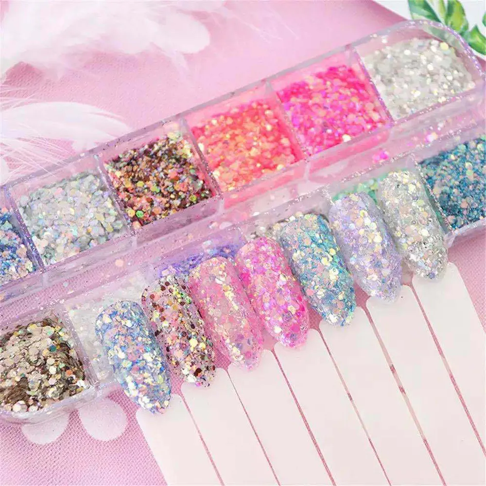 Nail Glitter 12GridBox Mermaid Sequins Nail Glitter Flakes Mixed Hexagon Sparkle Slices Paillette Decoration 3D Neon Manicure Accessory J67# 230705