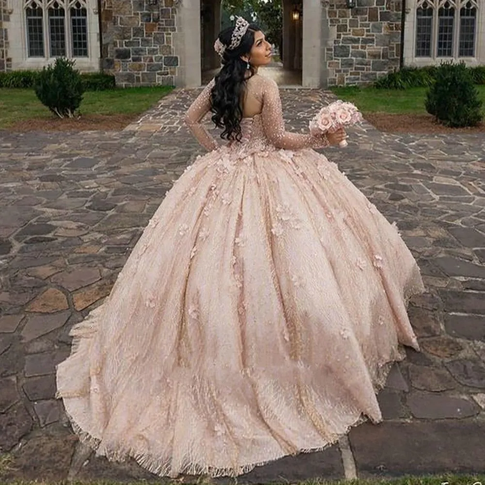 2023 Ball Gown Quinceanera Dresses Bridal Gowns Blush Pink Sparkly Rose Gold Sequined Illusion Corset Hollow Back Sequins Long Sleeves Sweet 16 Dress With Flowers