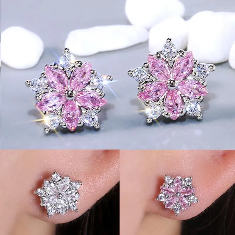 Oorknopjes Romantische 925 Zilveren Naald Poëtische Daisy Kersenbloesem Voor Vrouwen Clear CZ Roze Bloem Ins Sieraden Pendientes