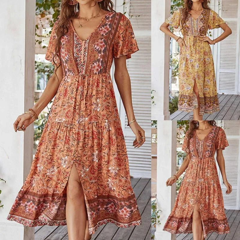 Saias Estampa Floral Mini Vestido Para Mulheres Manga Curta Sexy Vestidos com Decote em V Moda Feminina Estilo Boho Vestido Verão High Street 2023