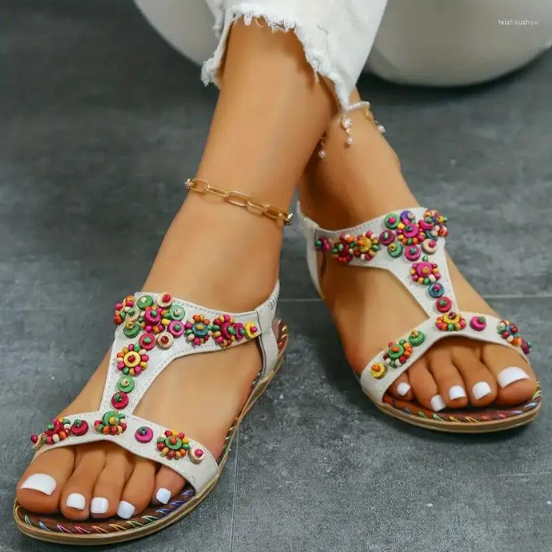 Heelted flache Perlen Sandalen Blumen Frauen Sommer Plus Größe Offener Toe Böhmian Frau Elastischer Gurt Rom Schuhe Schuhe