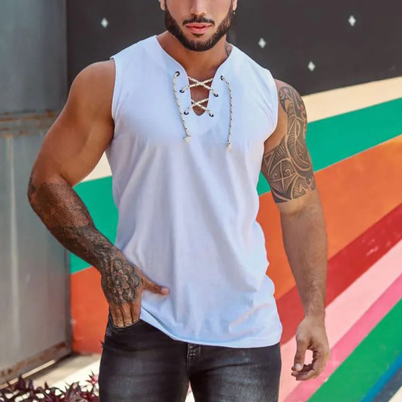 Erkek Tank Tops Tank Top Men Erkekler Drawstring v Boyun kolsuz gömlek yaz erkek giyim sokak kıyafetleri gündelik gömlek spor salonu fitness ince fit yelek 230705