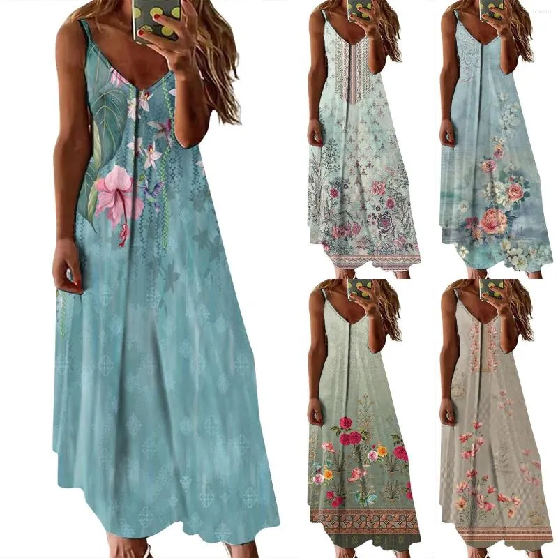 Vestidos casuais para mulheres 2023 moda feminina com decote em v flor estampa floral estampado solto doce suspensório costura vestido vestidos