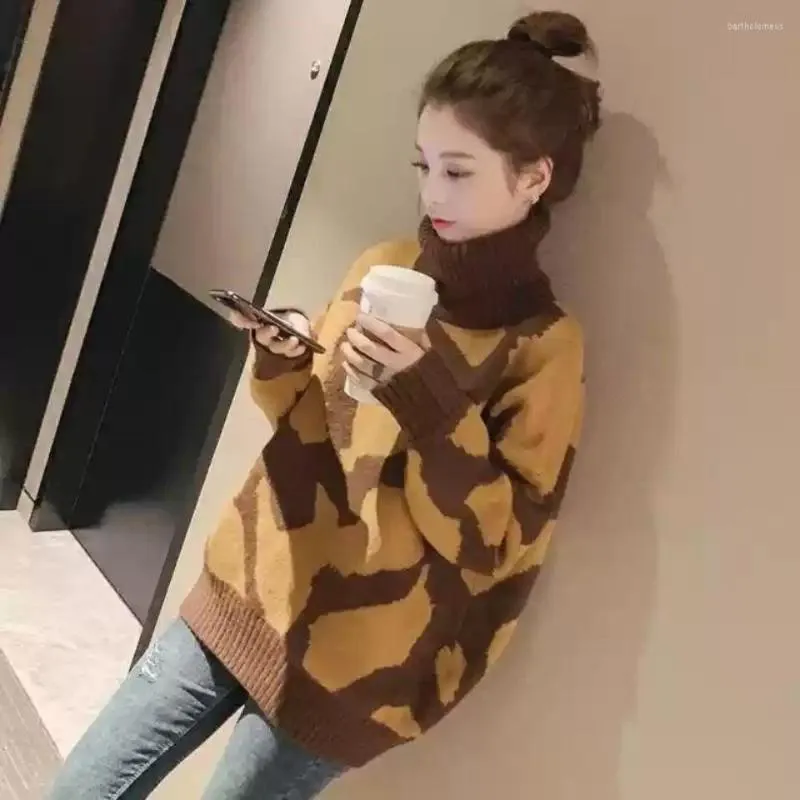 Suéteres de mujer 2023 invierno versión coreana cuello alto estampado de leopardo jersey de manga larga suéter de punto mujer Casual suelto mantener caliente