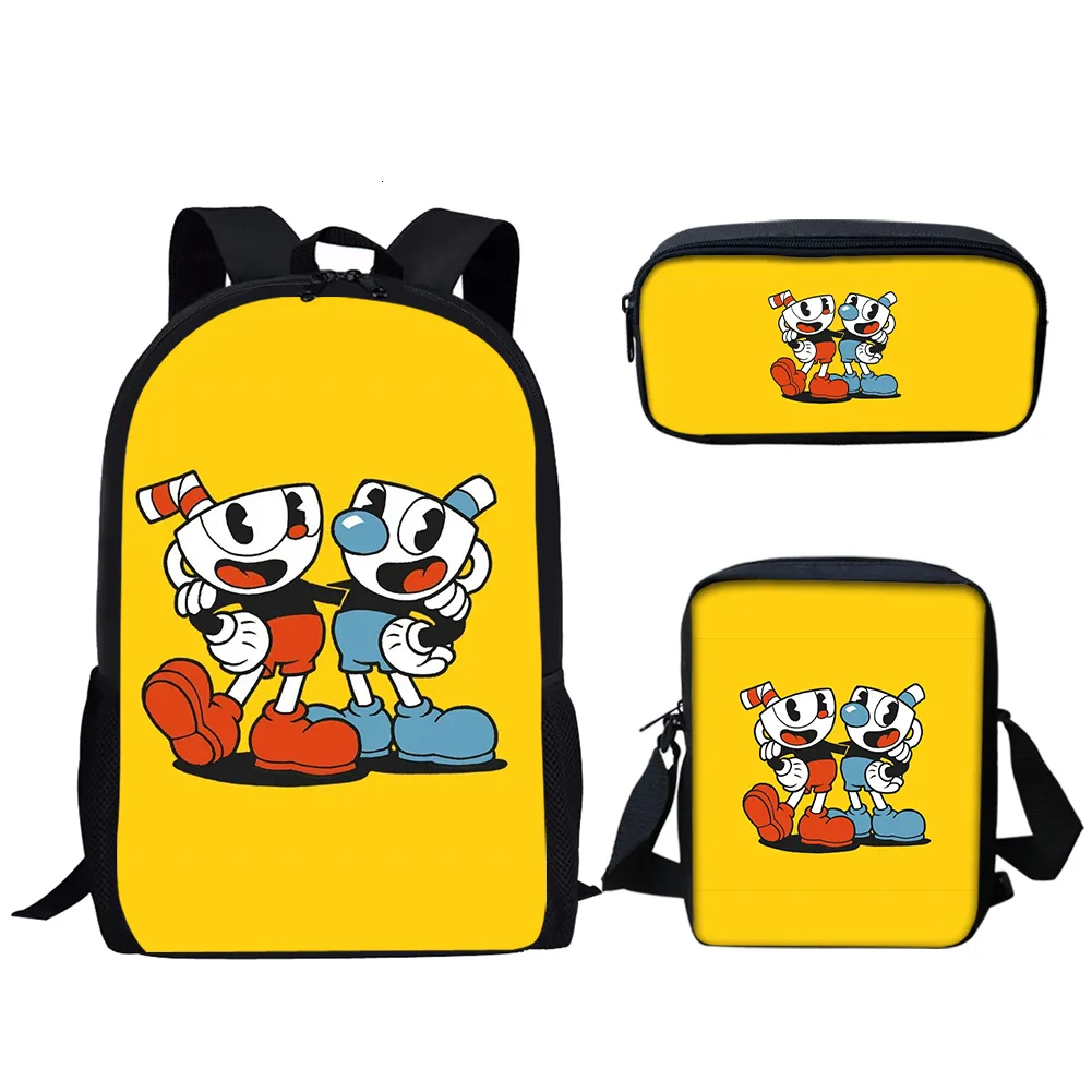 Mochilas Cuphead Mugman Bolsa de dibujos animados para Teeneger Personaje clásico Childs Crossbody Diseño de marca Niño personalizado 3 PcsSet Regalo 230705