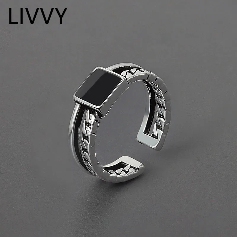 LIVVY Silver Color Black Stone Open Double Ring For Women Couple Vintage Fashion Handmade Jewelry Gift