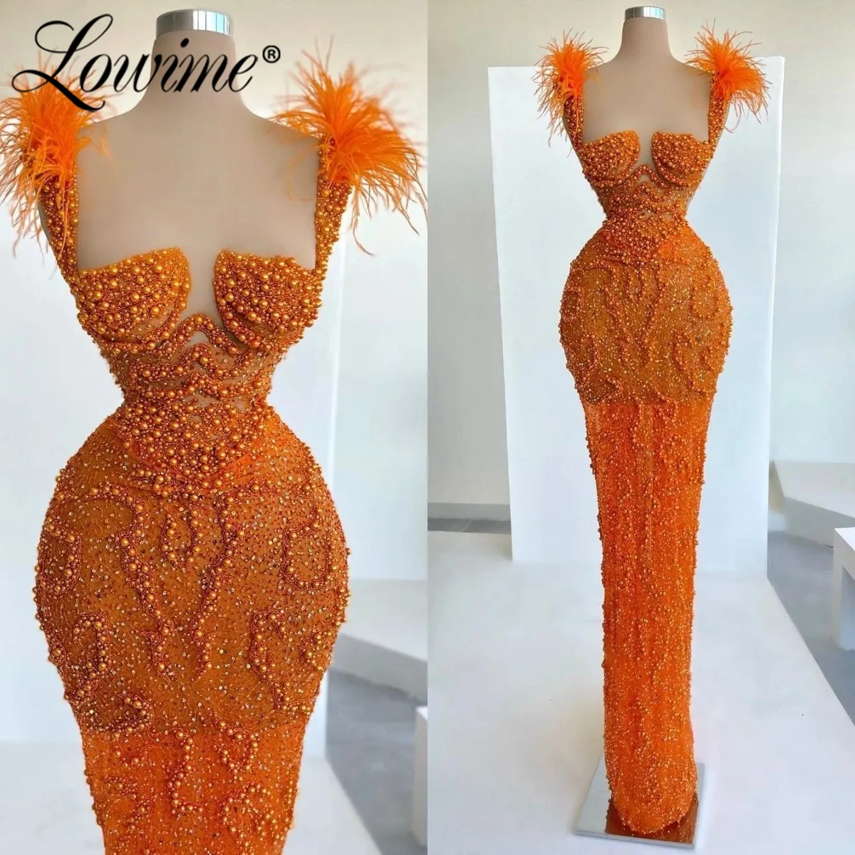 Save Big on Bulk Orange Feather Beaded Evening Dress Sexy Lowime Prom  Gown Best Deals on DHgate