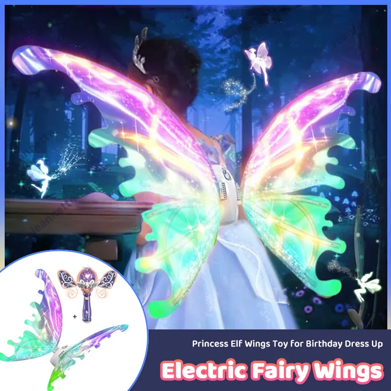 Other Toys Girls Electrical Butterfly Elf Wings with Light Glowing Shiny Dress Up Moving Fairy Princess Wing for Birthday Wedding Christmas 230705