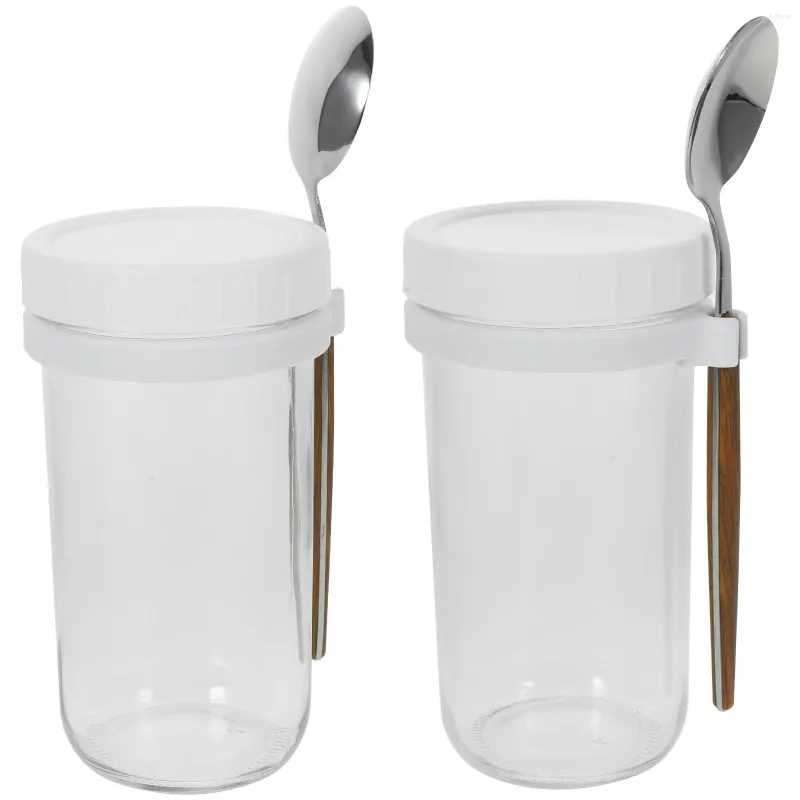 Set di posate 2 pezzi Mason Cup Spoon Piccoli contenitori di vetro Coperchi Barattoli di avena per la notte Cucchiai Coperchio di avena