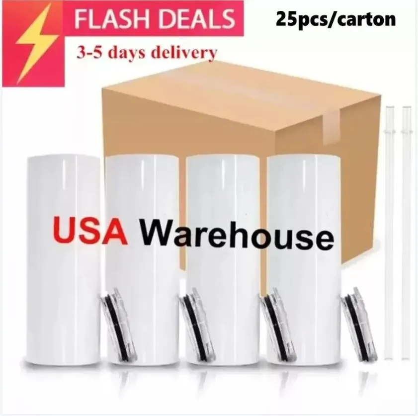 US Warehouse Blank Sublimation Tumbler 20oz STRAIGHT Tumbler Cups Stainless Steel slim Insulated Tapered Beer Coffee Mug