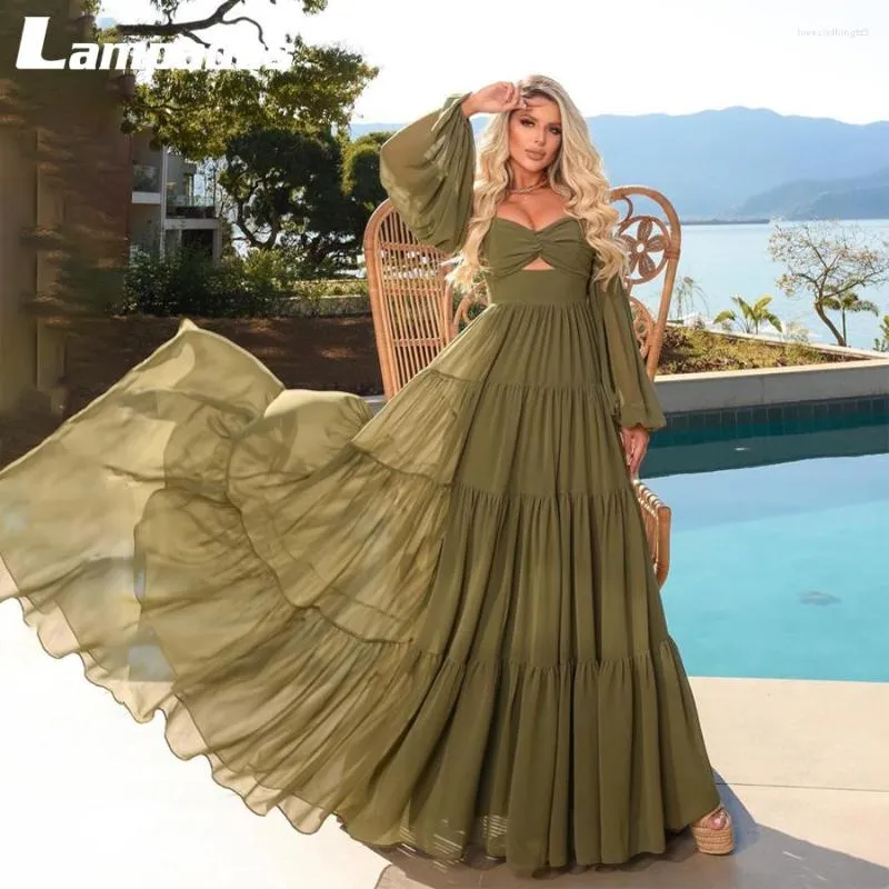 Party Dresses Strapless Empire Waist Elegant Chiffon Beach Prom Dress Keyhole Detachable Long Sleeves Evening Gown Green