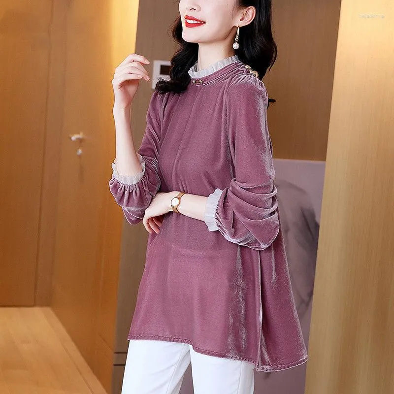 Blouses pour femmes élégant Chic à volants Patchwork Vintage Rose violet Pleuche dames hauts décontracté ample à manches longues t-shirt vêtements B263