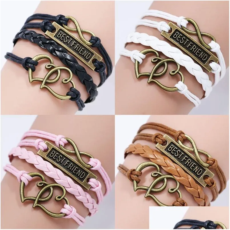 Braccialetti con ciondoli Best Friend Bff per donna Uomo Vintage Love Heart Infinity Intrecciato in pelle Corda Wrap Bangle Fashion Friendship Jewelr Dhvna