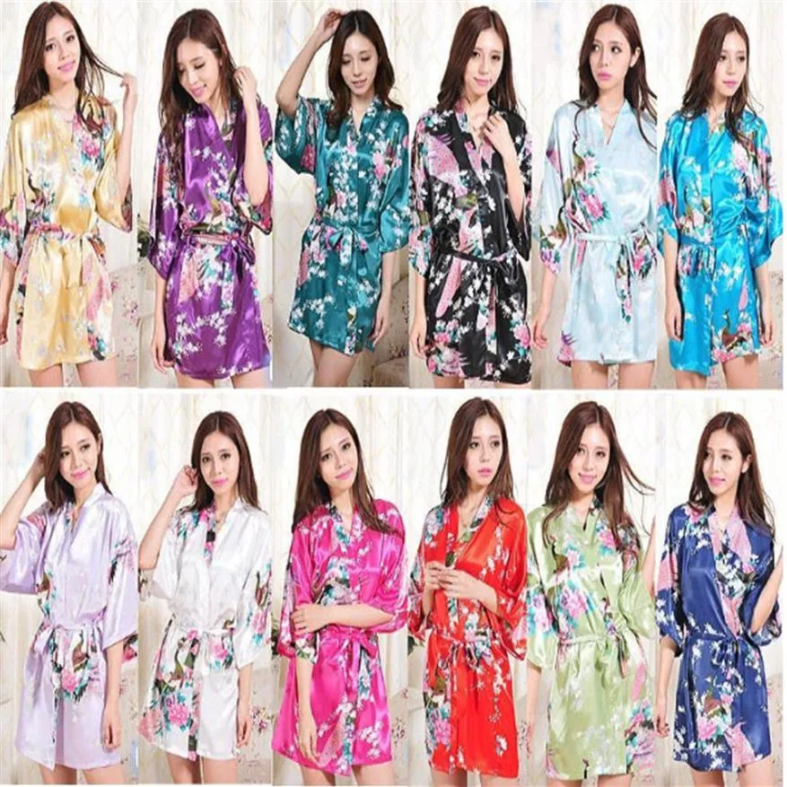 Silk Satin Wedding Bride Bridesmaid Robe Short Kimono Night Robe Floral Bathrobe Peignoir Femme Fashion Dressing Gown For271S