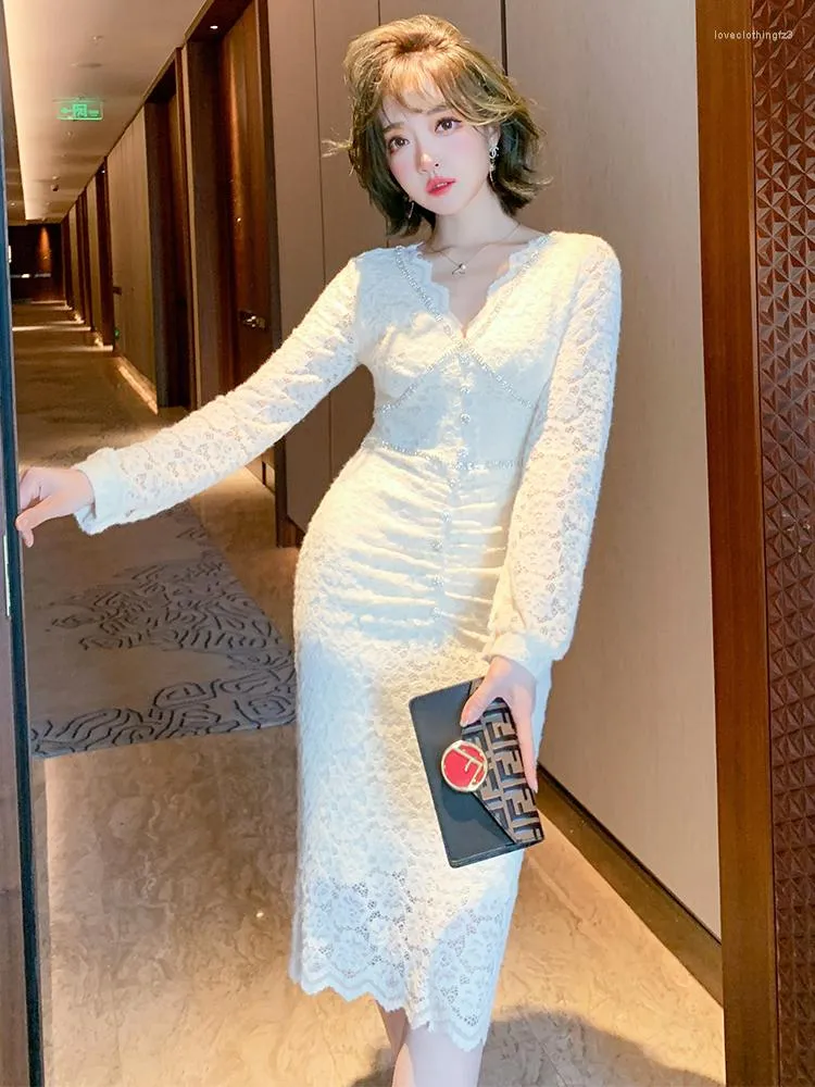 Casual Dresses Feminine Lace V Collar Drill Button Slim Fit Buttock Wrap Dress 2023 Spring High Quality Top