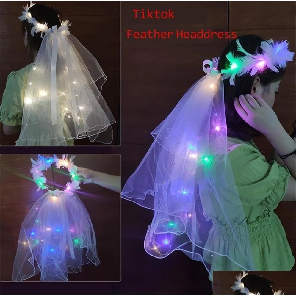 Julleksakstillbehör Blinkande Led Veil Light Up Gåsfjäderkrans Princess Fairy Pannband Bowknot Hårband Tle Head Wear Hoo Dhs1J