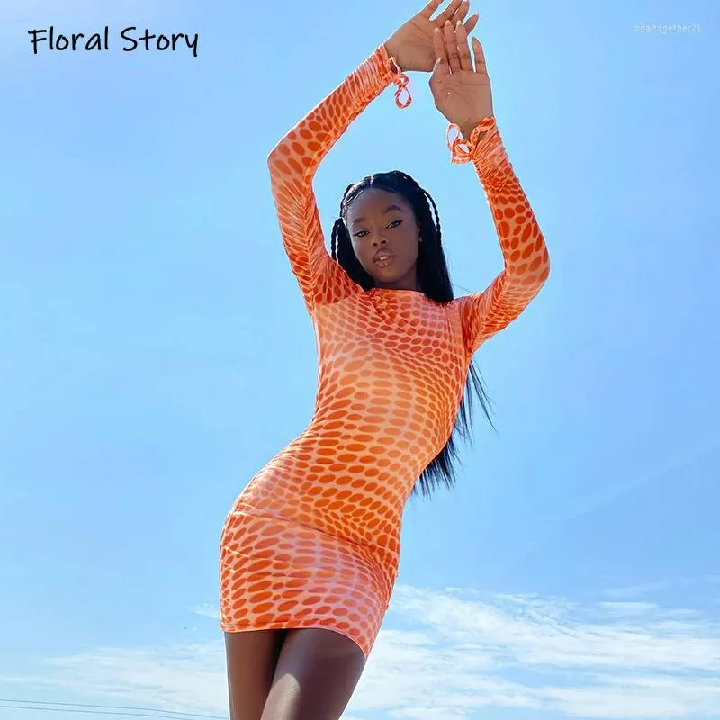 Floral Mesh Print Turtle Neck Dress Sexy Slim Bodycon For Womens