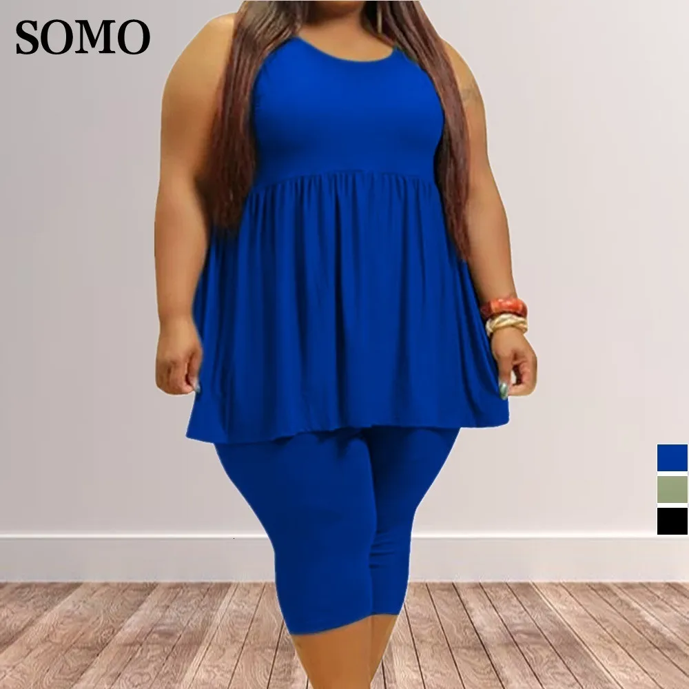 Calça feminina plus size plissada fashion conjunto de verão regata com gola redonda e shorts de duas peças casual cor sólida atacado direto 230705