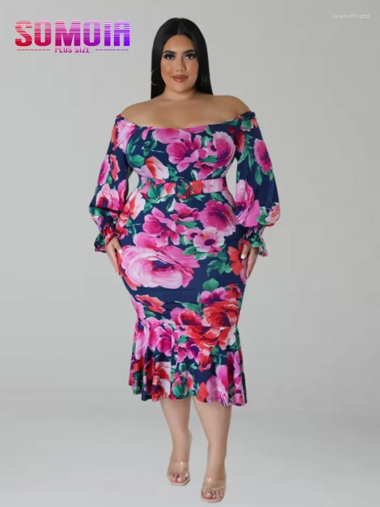 Robes décontractées SOMOIA grande taille femmes longue robe impression florale queue de poisson femme avec ceinture hors épaule manches moulante 2023