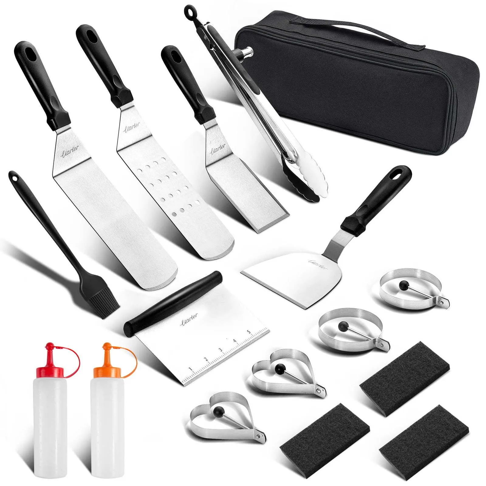 Kit d'accessoires pour grilles de barbecue 17 pièces Ensemble d'outils à dessus plat avec spatules longues et courtes Grattoir Anneaux à œufs en acier inoxydable Grill Cook 230706