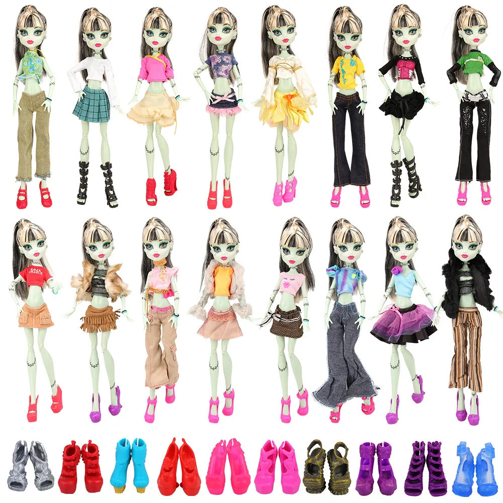 Puppenhauszubehör Barwa 12 Set Modekleidung und Accessoires = 6 Rock Kleid Hose Mantel 6 Schuhe für Monster High Puppen 230705