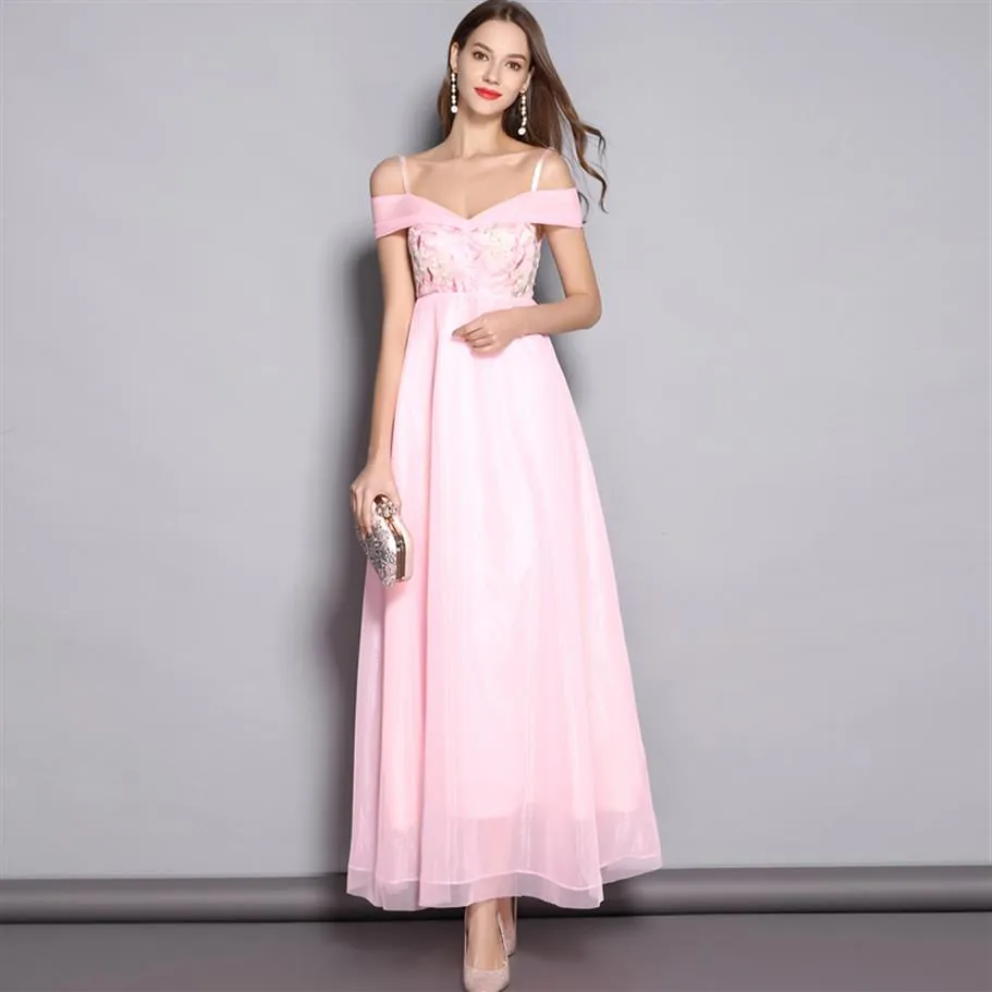 Women's Spaghetti Straps Sexy Off the Shoulder Embroidery Evening Prom Elegant Long Runway Dresses209K