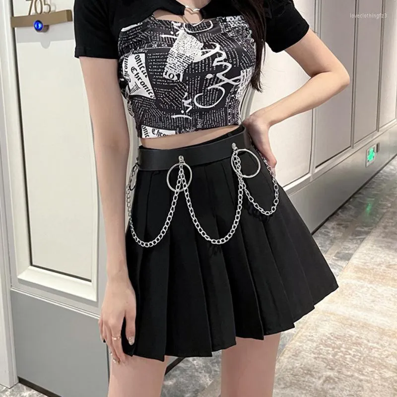 Юбки Zoki Dark Academic Women Plearted Fashion Chain Refe High Taist Mini Black Dancing Tancing a Line 2023