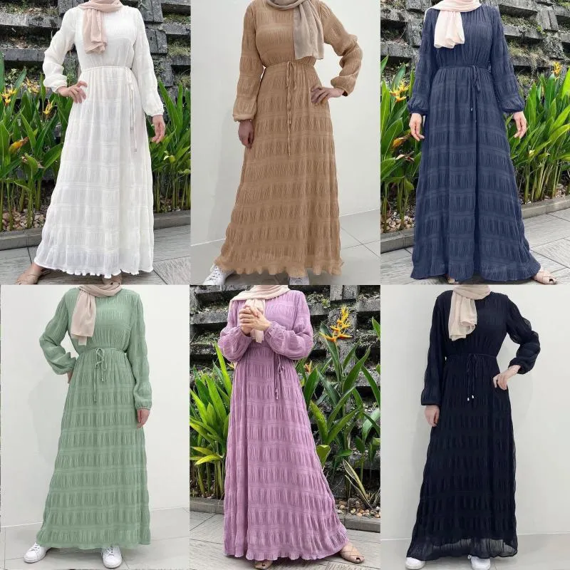 Ethnische Kleidung Muslim Chiffon Plissee Kleid Frauen 2023 Robe Weibliche Spitze Up Lange Abaya Elegante Femme Kleider Für Sommer Islam