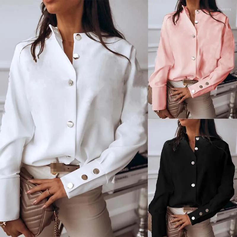 Camicette da donna Camicetta rosa Donna Top 2023 Primavera Casual Camicia a maniche lunghe allentata con bottoni Tunica Abiti da lavoro di grandi dimensioni per ufficio da donna