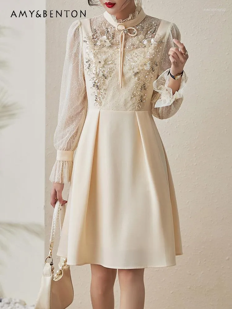 캐주얼 드레스 2023 스프링 여성 의류 우아한 스탠드 칼라 꽃잎 구슬로 된 자수 드레스 긴 소매 서양 스타일