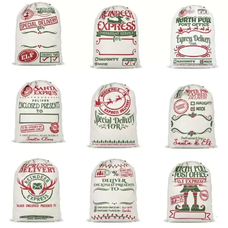 Stock Santa Sack Sacs Décoration De Noël Lin Cordon Tissu Sac Pochette Cadeau 12 styles DHL Shipping E0706