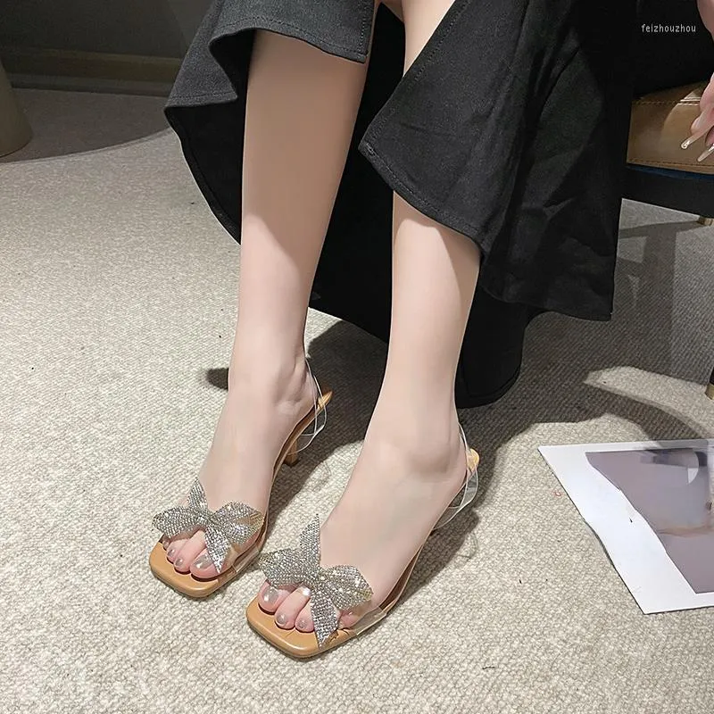 Sandales été Transparent PVC mode haute avec nœud fin à l'extérieur porter des pantoufles tête carrée femmes chaussures