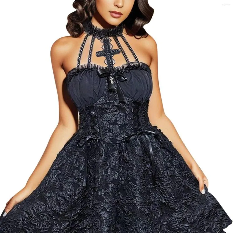Casual Dresses Women's Sexy Hanging Neck Black Pleated Dress Solid Color Fluffy For Wedding Guest With Sleeves