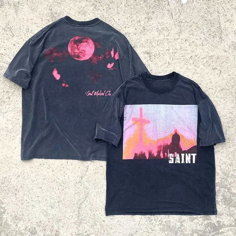 Men's T-shirts Saint Michael Pink Planet Direct Spray American Street Vintage Washed Old Short Sleeve T-shirt for Men Bp4y shirt