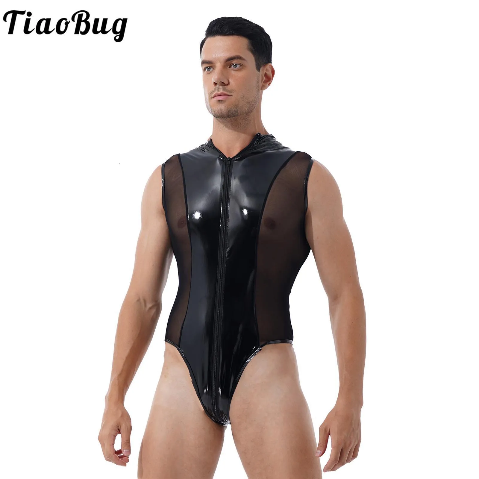 Men's Swimwear TiaoBug Pole dance Party Carnival Club Set Wet Appearance Patent Leather Skintight garment Zipper High Cut Thong 230705